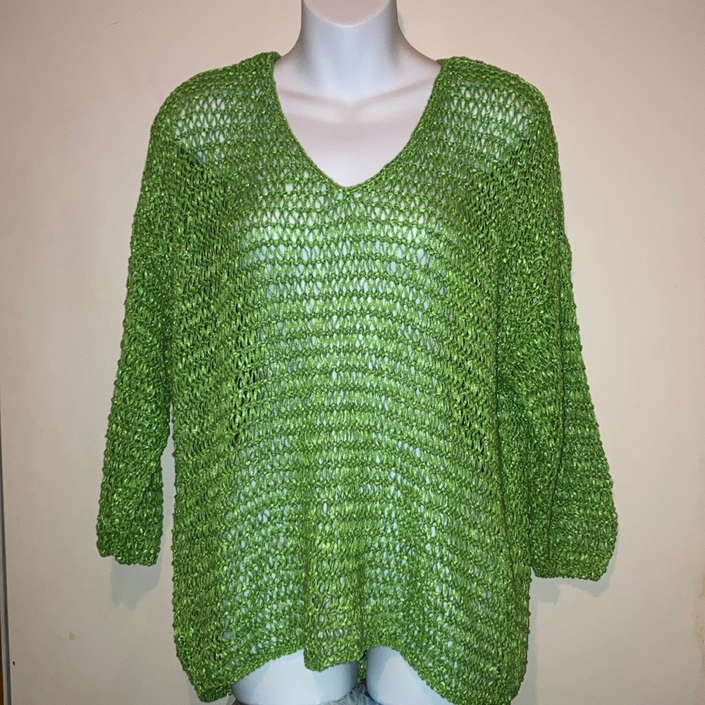 🪲 Chico's Lime Green 🪲 Open-Weaved Women's Sweater   Chico’s Size 3